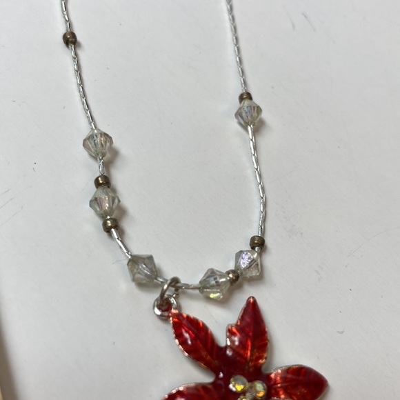 16" Red Enamel Flower Silver Tone Necklace - Picture 4 of 7